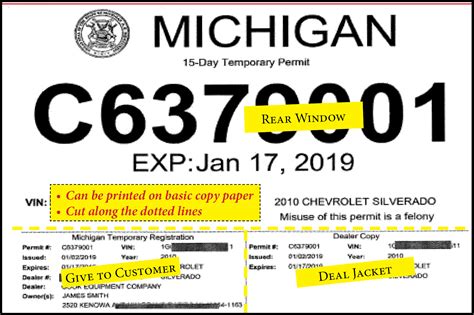 Printable Michigan Temporary Paper License Plate